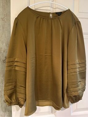 Never worn, Ann Taylor, greenish/gold silky feel top with blouson sleeves